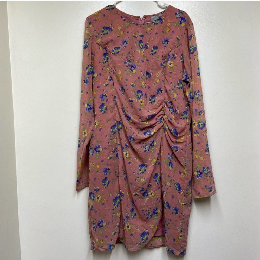 ASOS Long Sheer Sleeve Floral Print Ruched Dress, 14, Pink Multi
